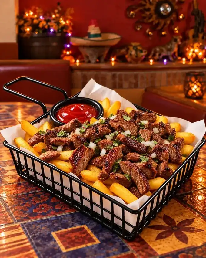 Papas con carne asada de La Parrilla Tap