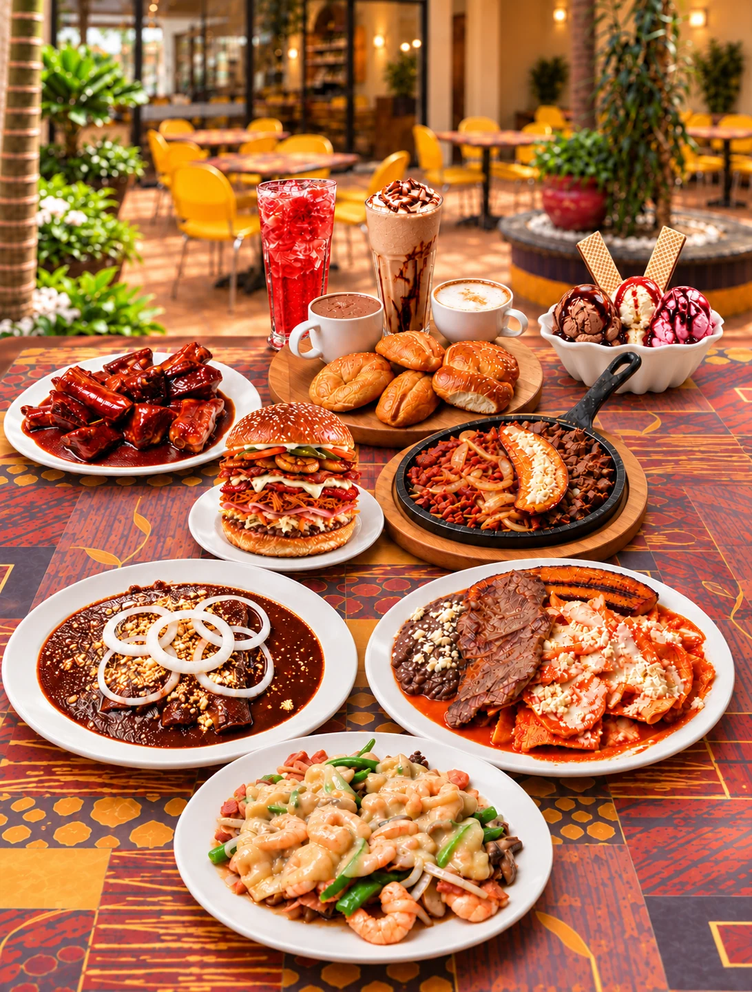 Mesa llena de platillos de La Parrilla Tap: costillas BBQ, hamburguesa, enchiladas de mole, chilaquiles con carne, camarones, postre y bebidas