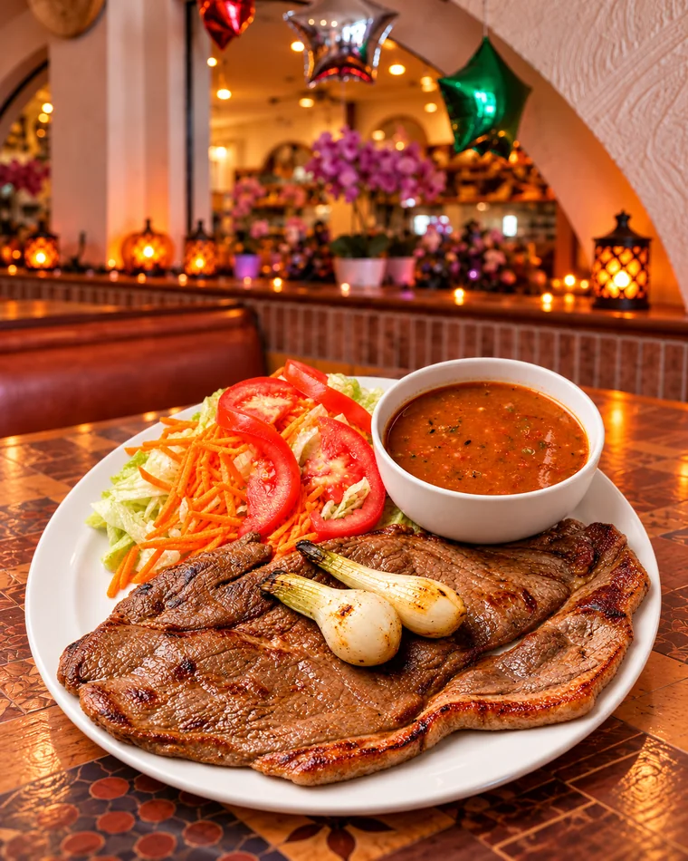 Carne asada de La Parrilla Tap con ensalada y consomé